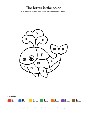 whale colour by letter printable