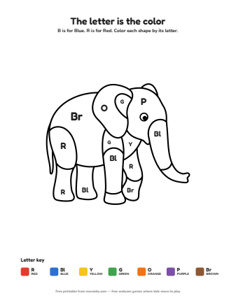 elephant colour by letter printable