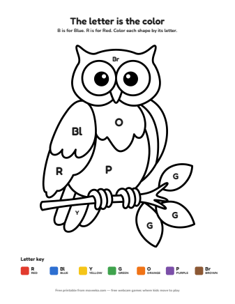 owl colour by letter printable