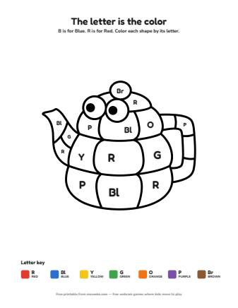teapot colour by letter printable