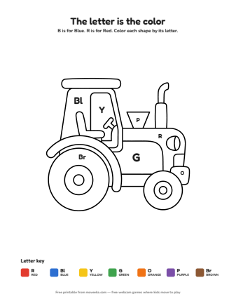 tractor colour by letter printable
