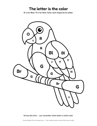 parrot colour by letter printable