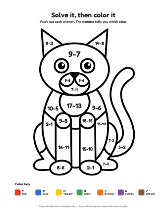 cat colour by numbers printable